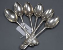 A set of six late George II silver Old English pattern dessert spoons, Ebenezer Coker, London, 1756,