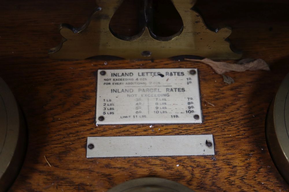 A set of large Edwardian oak and brass postal scales, base length 38cm - Image 2 of 2