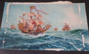 Robert Aitchen (20th century), two watercolours of Elizabethan galleons at sea, signed, unframed (