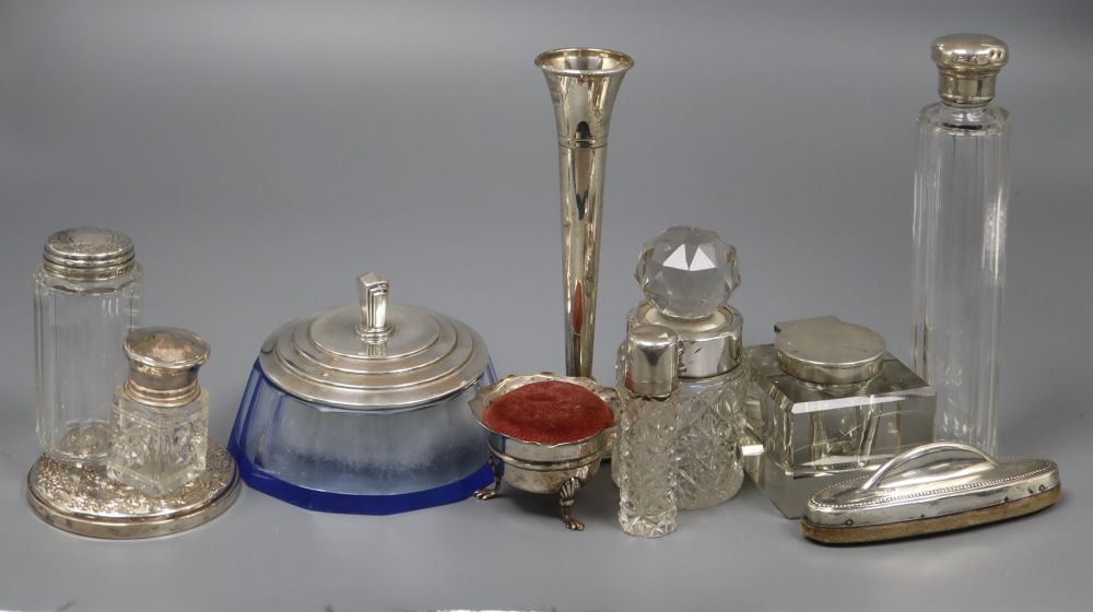 An Art Deco silver mounted blue glass powder jar, diameter 11.6cm and ten other items, including