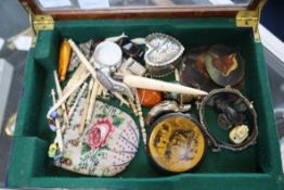A large collection of bobbins, a purse, a portrait miniature, compass, enamel salt, pill box,