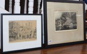 Percival Gaskell, etching, Wareham, signed in pencil, 20 x 28cm and a Wallace Hesler et