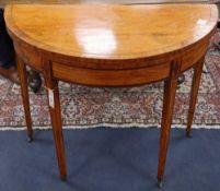 A George III satinwood and rosewood banded demi lune card table, W.92cm, D.55cm, H.76cm