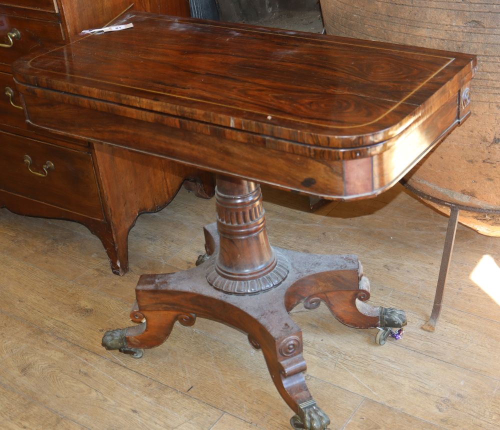 A George IV rosewood card table, W.91cm, D.46cm, H.76cmCONDITION: Formerly restored, the top is