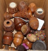 A group of 19th century coquilla nut sewing, games related etc barrel, basket and acorn shaped