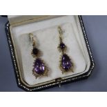 A pair of Victorian yellow metal and two stone amethyst set drop earrings, 38mm excluding ear