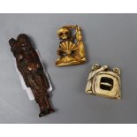 Two Japanese ivory netsuke/okimono carvings and a hardwood figural netsuke, longest 9cm