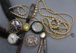 Two lady's 9ct gold watches, two gentleman's watches, a simulated pearl necklace and an 1891 crown.