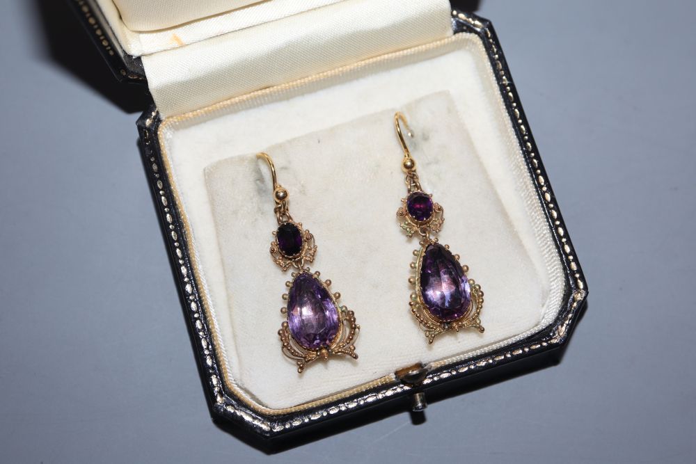 A pair of Victorian yellow metal and two stone amethyst set drop earrings, 38mm excluding ear - Image 2 of 2