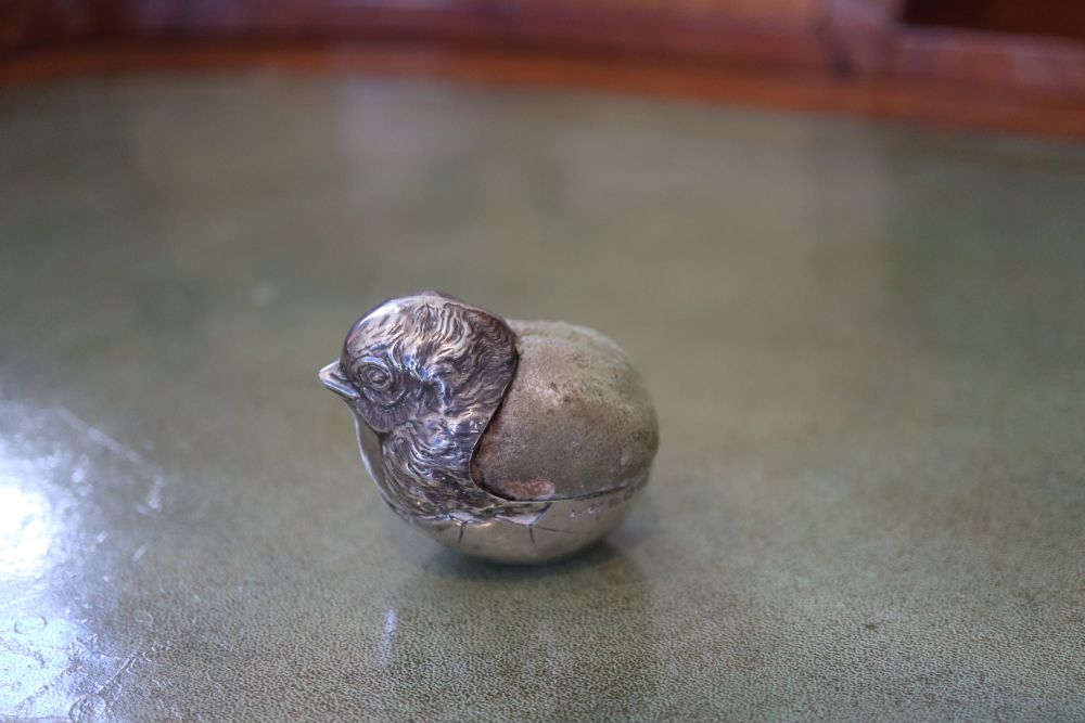 An Edwardian novelty silver mounted pin cushion modelled as a hatching chick, Sampson Mordan & Co, - Image 4 of 5