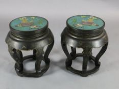 A pair of Chinese gilt-decorated black lacquer and cloisonne enamel mounted jardiniere stands,