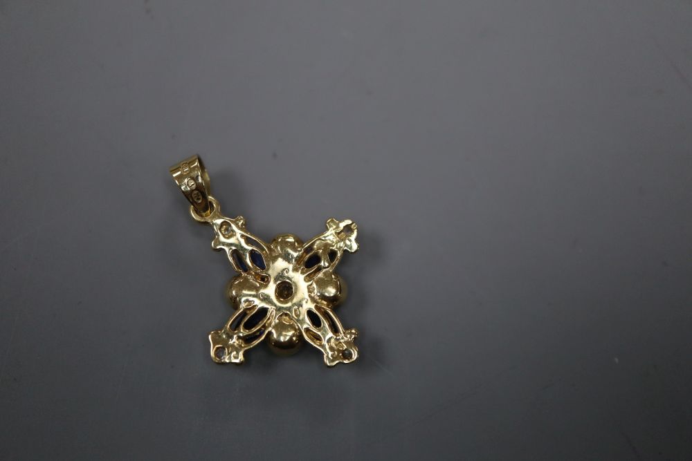 A modern 750 yellow metal, white and blue sapphire and cultured pearl set star pendant, 23mm, - Image 2 of 2