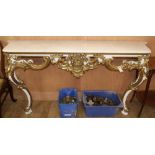 An ornate white marble and ormolu-mounted console table, with cabriole legs, W.176cm D.42cm H.