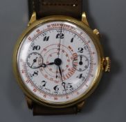 A gentleman's mid 20th century Swiss gold plated manual wind chronograph wrist watch, on