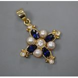 A modern 750 yellow metal, white and blue sapphire and cultured pearl set star pendant, 23mm,