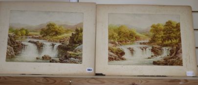 Charles A Bool (19th/20th century), Waterfalls in Snowdonia, watercolour on board, a pair, 28.5cm