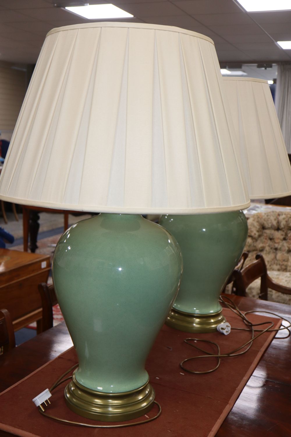 Two modern Chinese celadon vase table lamps with silk shades - Image 2 of 2