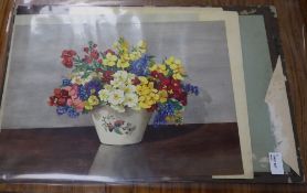 Elsie Lamont (act. 1926-1940), 'Asters, Kew Gardens', watercolour on board and three watercolours by