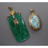 A 14k yellow metal mounted turquoise oval pendant, 36mm, gross 9.2 grams and a Chinese 14k mounted