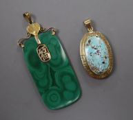 A 14k yellow metal mounted turquoise oval pendant, 36mm, gross 9.2 grams and a Chinese 14k mounted