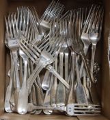 Forty mainly 19th century assorted silver table forks and dessert forks, various patterns, dates and