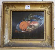 Early 19th century Continental School, oil on wooden panel, Still life of fruit in a delft dish,