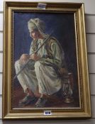 M. Hendersson, oil on canvas board, Sikh seated with a walking stick and lantern, signed, 44 x