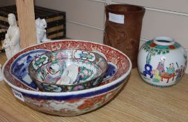 A Chinese bamboo brushpot, an Imari bowl, a Chinese vase, a bowl, a jar and two lids, largest