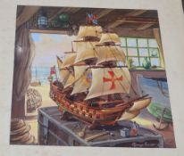 Richard Granger Barrett, four studies of sailing ships, two of Elizabethan style galleons at sea,