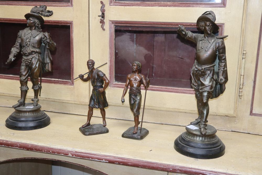 A pair of spelter cavaliers, height 52cm and a pair of Indian warriors - Image 2 of 2