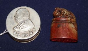 A Chinese silver seal paste box and a soapstone seal