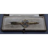 A 1920's 15ct, aquamarine and seed pearl set bar brooch, 57m, gross 4.5 grams.CONDITION: No damage