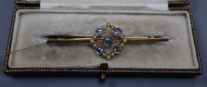 A 1920's 15ct, aquamarine and seed pearl set bar brooch, 57m, gross 4.5 grams.CONDITION: No damage