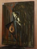 Modern British, oil on two tiers of hardboard, Face study with exposed breast, monogrammed and dated