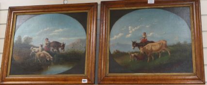 19th century English School, pair oils on canvas, Alpine scenes with a child herdsman, cattle and