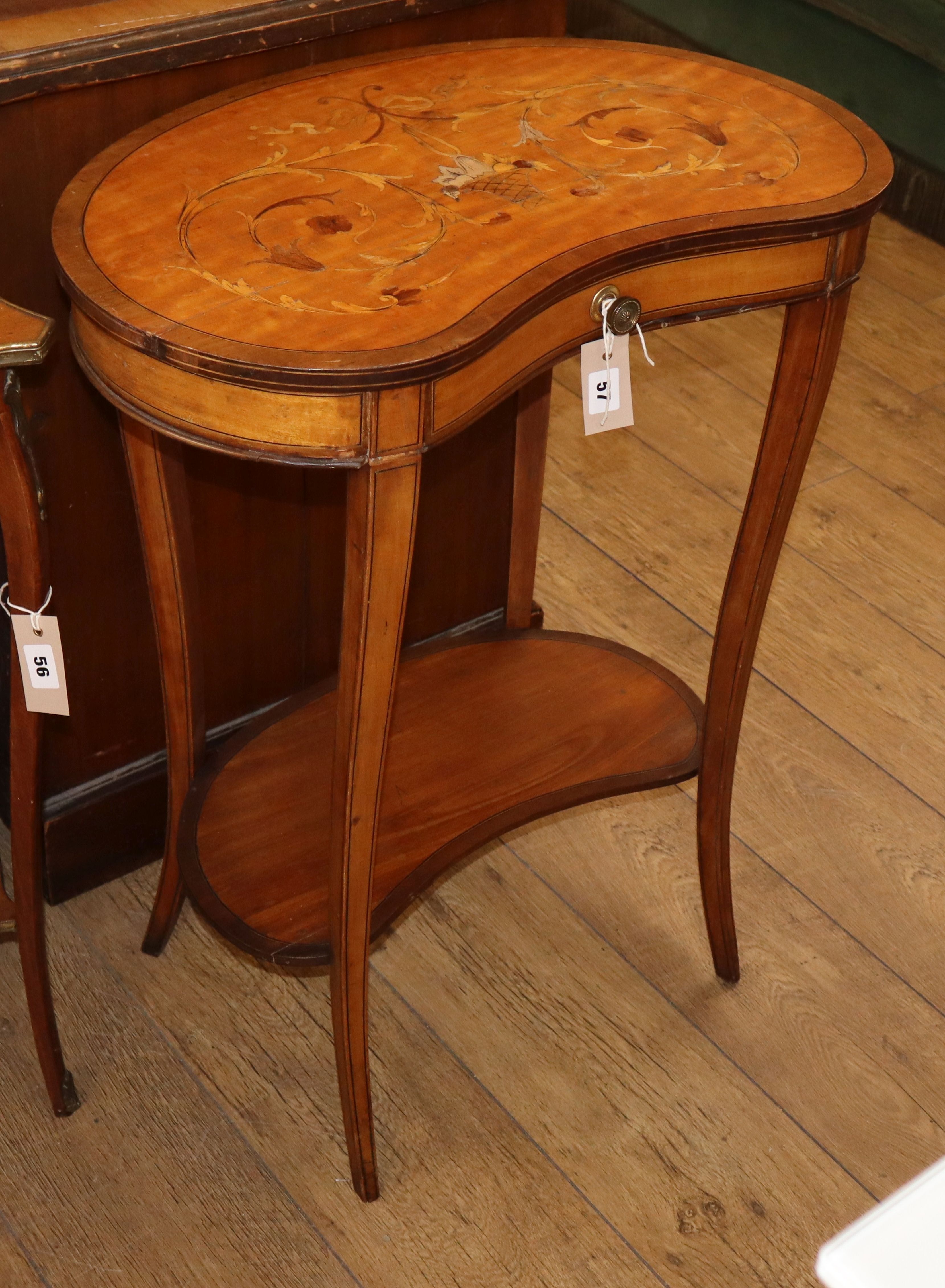 An Edwardian marquetry inlaid satinwood kidney shape two tier table, W.62cm D.38cm H.