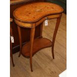 An Edwardian marquetry inlaid satinwood kidney shape two tier table, W.62cm D.38cm H.