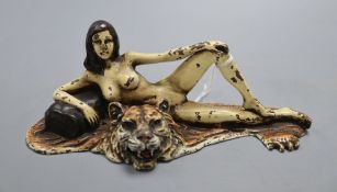 A cold painted bronze of a nude female, signed Nam Greb?, length 15.5cm