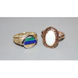 A 14k and white opal oval dress ring and a 585 diamond and chalcedony? set modern ring, sizes M/N,