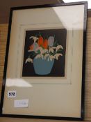 John Hall Thorpe (1874-1947), woodblock print, Crocuses and Snowdrops in a blue vase, signed in