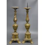 A pair of Italian painted pine pricket candlesticks, height 52cmCONDITION: Several damages including