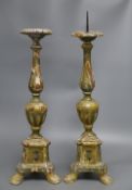 A pair of Italian painted pine pricket candlesticks, height 52cmCONDITION: Several damages including