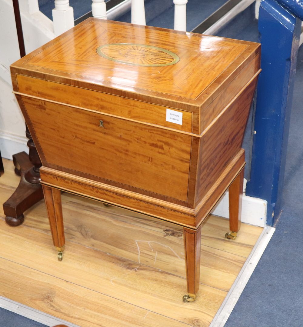 A Sheraton revival satinwood, marquetry and tulipwood banded cellaret, early 20th century, W.53cm,