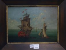 19th century English School, oil on wooden panel, Naive view of shipping at sea, 26 x 36cmCONDITION: