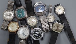 Ten assorted gentleman's wrist watches including Memostar Alarm, Cyma and Corvette.