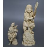 A Japanese ivory okimono of an elder and a dragon, and a marine ivory carving of Daikoku, tallest