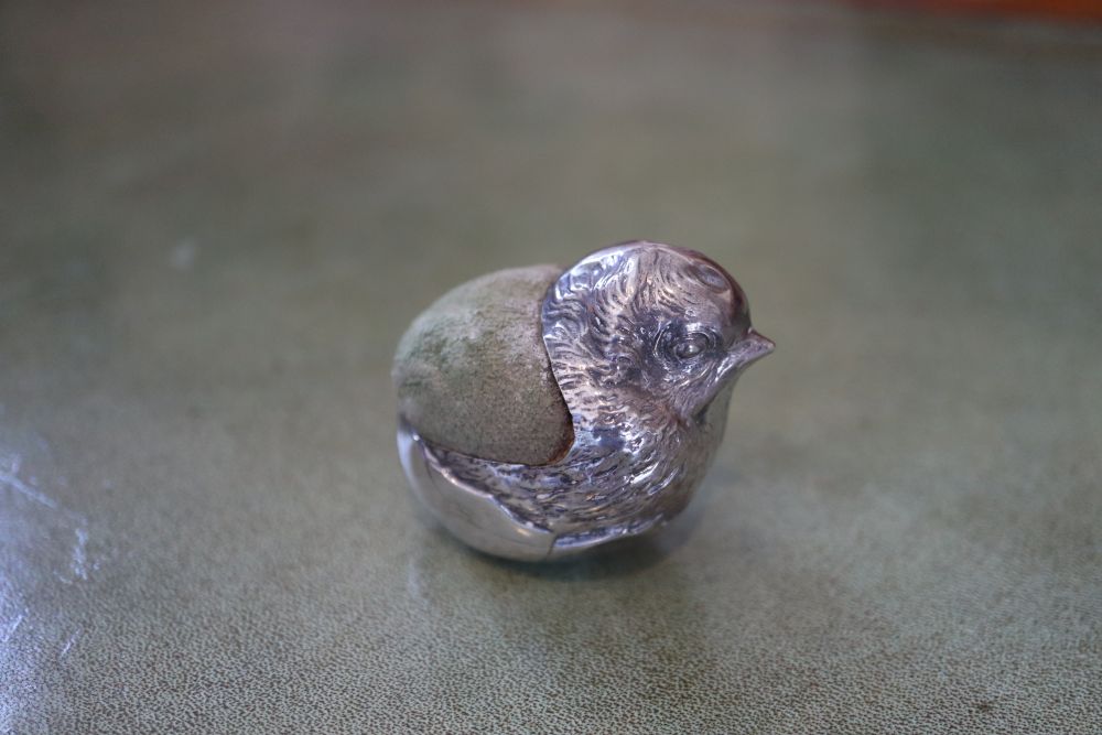 An Edwardian novelty silver mounted pin cushion modelled as a hatching chick, Sampson Mordan & Co, - Image 2 of 5
