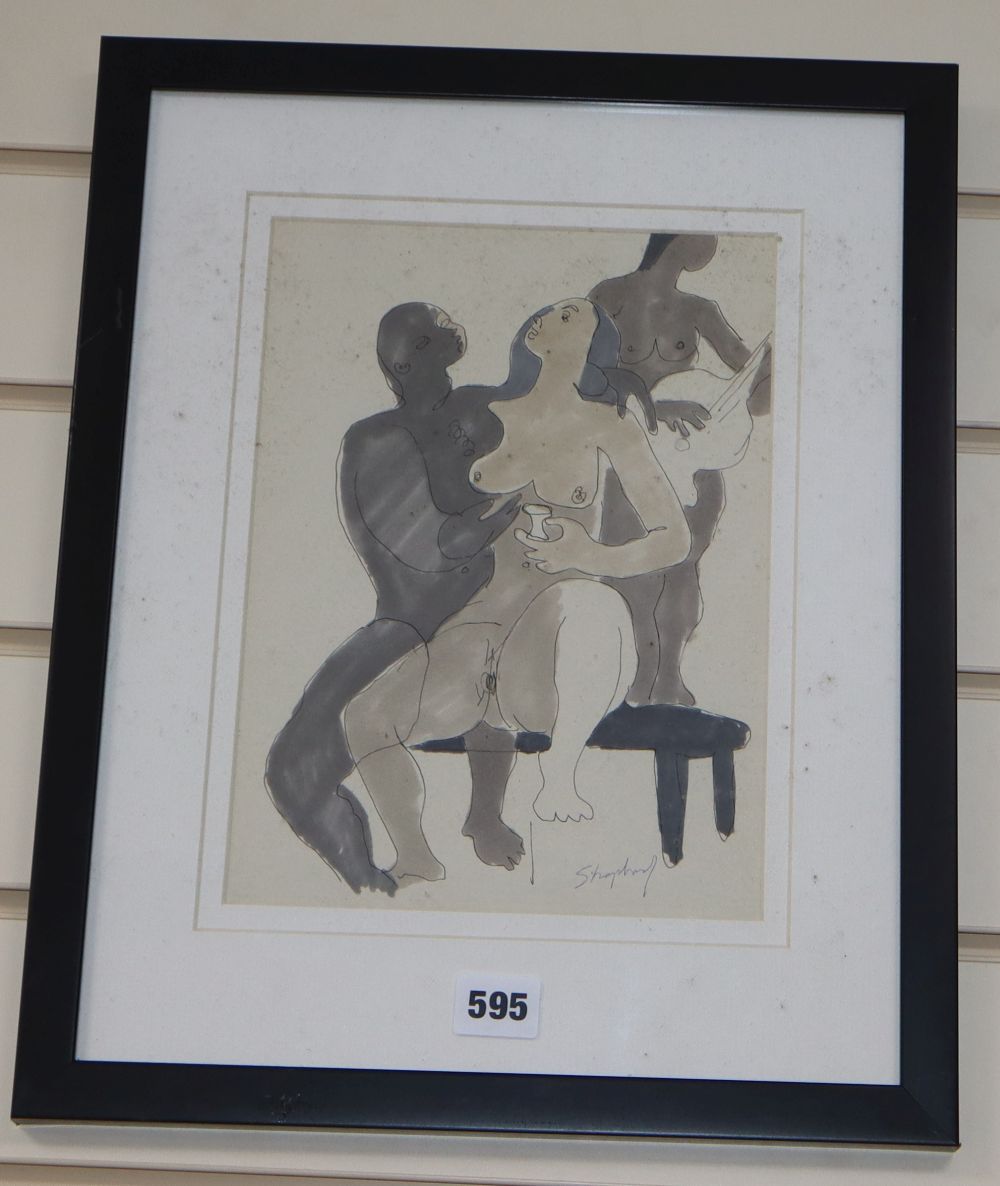 Sydney Horne Shepherd (1909–1993), ink and watercolour, Embracing nudes, signed, 27 x 20cmCONDITION: