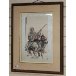 Chinese School, watercolour on paper, Mongolian sitar player on horseback, 44 x 24cm and a plant