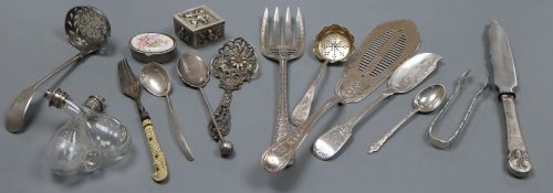 Mixed flatware and other items including a pair of Victorian silver fish servers, Sheffield, 1888, a